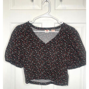 Levis Top Women's Black Floral Cropped Button Top Sz M Short Sleeve Cowgirl Boho